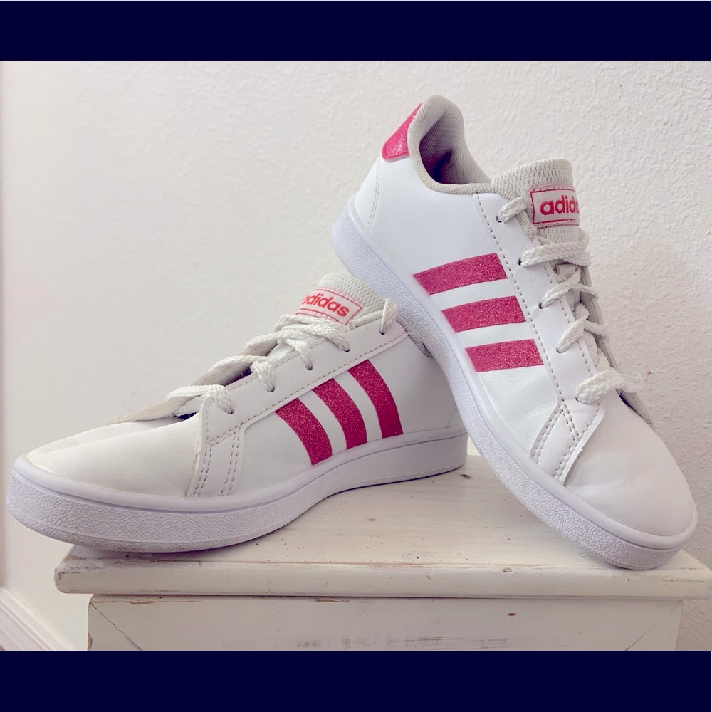 Girls white and pink glitter adidas